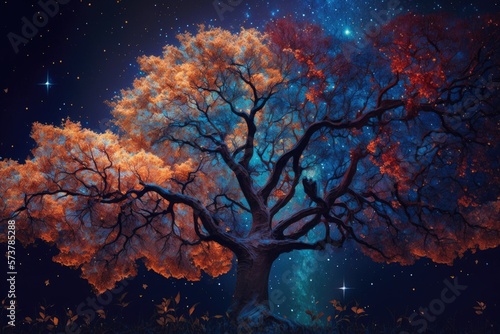 Dreamlike image of a maple tree in autumn against a starry night sky and the Milky Way. Color palettes and styles from the past. Generative AI