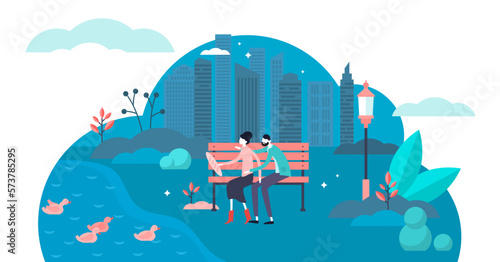 Couple in park illustration, transparent background. Flat tiny romantic date person concept. Daily ducks feeding with bread scene as nice urban outdoors activity in park.