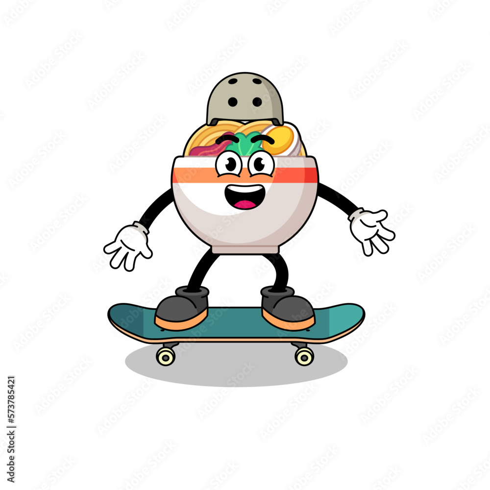 noodle bowl mascot playing a skateboard