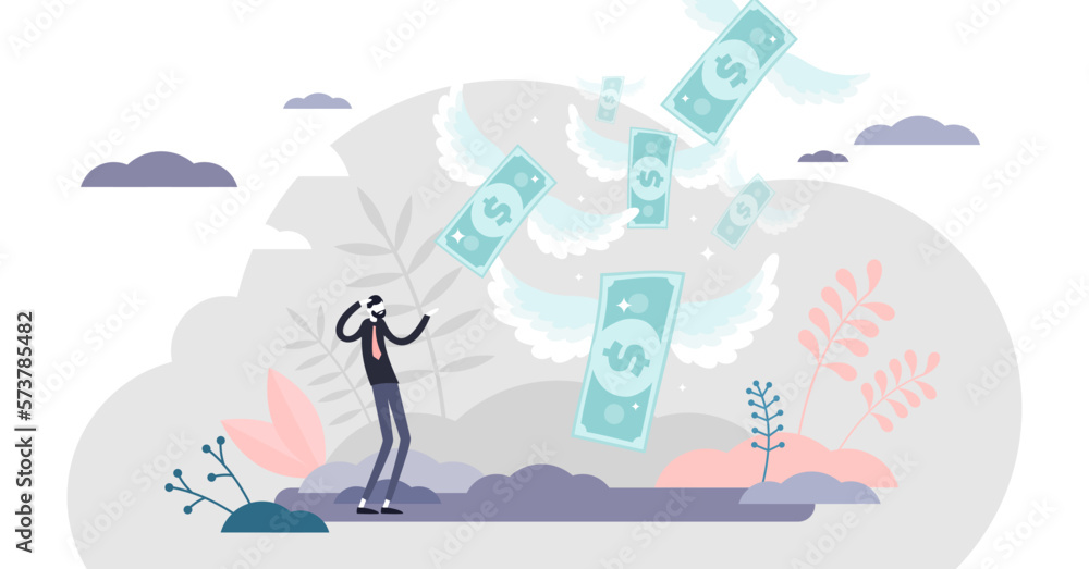 Loosing money illustration, transparent background. Financial loss flat tiny persons concept. Economical crisis effect with business failure and bank credit problems. Wealth spending scene.