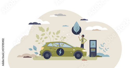 Green electric car with sustainable power consumption tiny person concept, transparent background. Alternative energy for automobile charging as environmental friendly solution illustration.