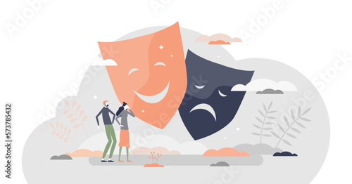 Human emotions as mood feelings facial expression theatre masks tiny person concept, transparent background. Various different types of nonverbal communication with happy, sad, positive.