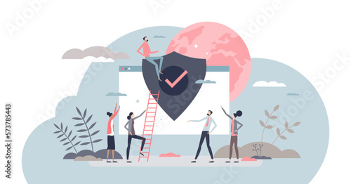 Internet security and privacy data antivirus protection tiny person concept, transparent background. Safe network, secured web page and safety shield as protected database symbol illustration.