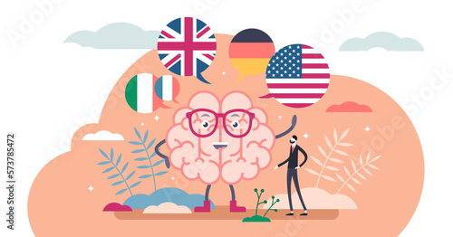 Learning language illustration, transparent background. Speech education flat tiny persons concept. Linguistic online course with abstract brain development scene for international foreign english.