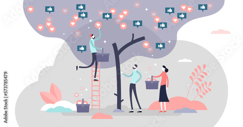 Like tree illustration, transparent background. Social media symbols harvest process in flat tiny persons concept. Like, love and share icons growing in tree.