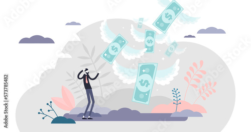 Loosing money illustration, transparent background. Financial loss flat tiny persons concept. Economical crisis effect with business failure and bank credit problems. Wealth spending scene.