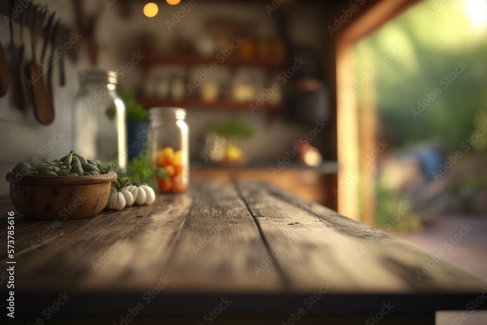 Rustic wooden table, minimalist, empty, fresh ingredients, domestic kitchen, blurred background - a serene space for preparing healthy meals. GENERATIVE AI