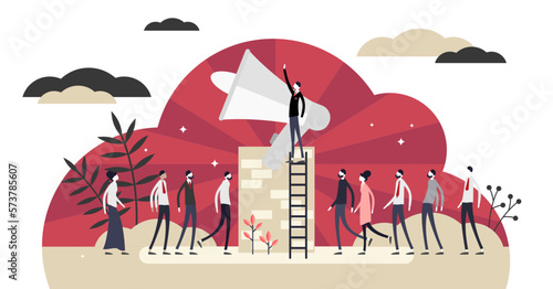 Propaganda illustration, transparent background. Communication channel in flat tiny persons concept. Communism style sign with loudspeaker and strong leader on podium.