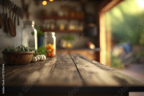 Rustic wooden table  minimalist  empty  fresh ingredients  domestic kitchen  blurred background - a serene space for preparing healthy meals. GENERATIVE AI