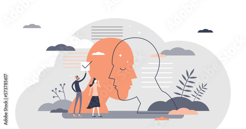 Psychology study about human mental emotion and feelings tiny person concept, transparent background. Abstract head, mind and brain as thinking description and psychiatry diagnosis illustration.
