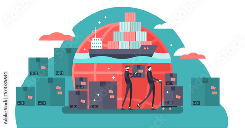 Shipping illustration, transparent background. Flat tiny transport logistic persons concept. Delivery service by sea or ocean. Cargo, package or shipment moving industry.