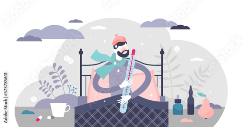 Sickness temperature patient treatment with pharmacy tiny persons concept, transparent background. Illness feeling with high temperature, virus, fever and flu illustration.