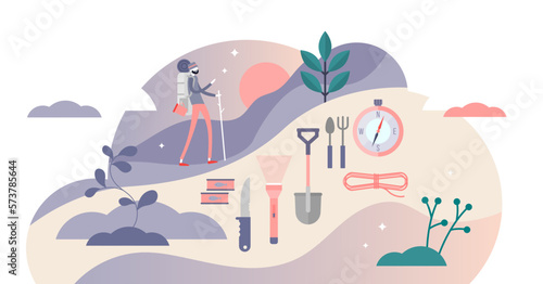 Survival kit illustration, transparent background.Outdoors camping scene with basic necessities to survive in tiny persons concept.Backpack emergency contents for hiking in mountain forests.