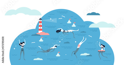 Swimming illustration, transparent background. Flat tiny water sport activity person concept. Various swim styles athletes summer vacation. Ocean, sea or pool wave fun as leisure.