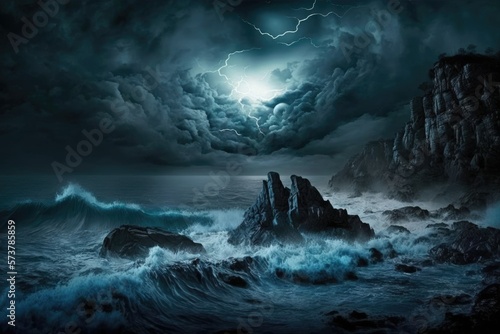 Foggy nighttime seas with raging storms. Generative AI © 2rogan