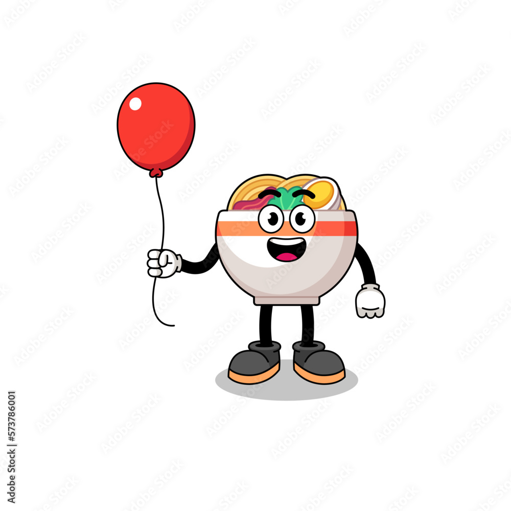 Cartoon of noodle bowl holding a balloon