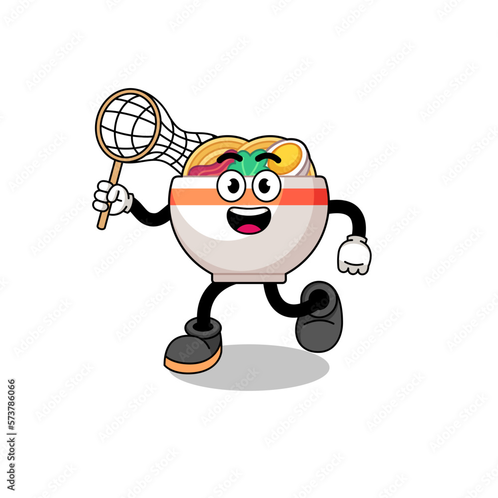 Cartoon of noodle bowl catching a butterfly Cartoon of noodle bowl catching a butterfly