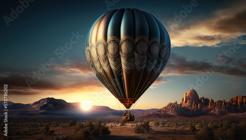 hot air balloon is flying at sunrise, generative ai