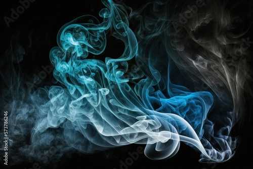 Blue smoke forms abstract images against a black backdrop. Magical smoke that rolls low to the ground and swirls mysteriously. Generative AI