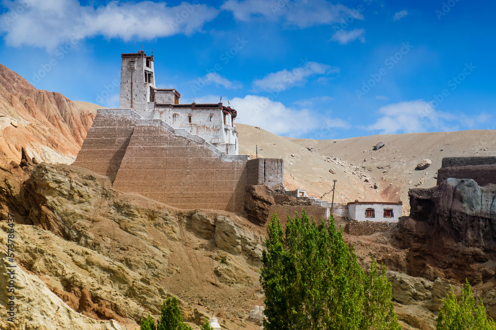 Basgo or Bazgoo, a village situated on the bank of the Indus river in Leh district, Ladakh, India. Ancient cultural and political centre, Basgo Monastery and Himalayan mountains. Blue sky bakcground.