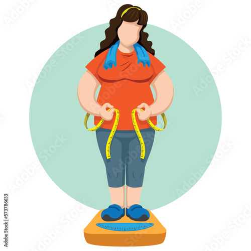 Chubby woman on scales measuring waist with measuring tape. Ideal for training and educational materials