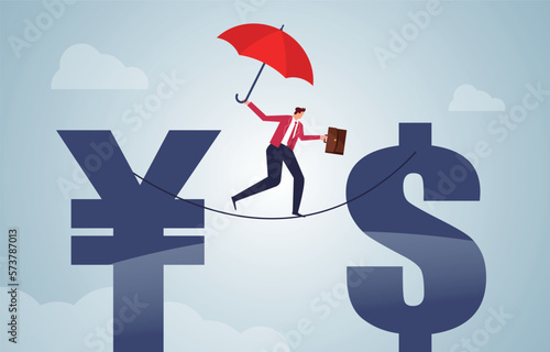Foreign exchange and currency investment risks, financial policies, currency exchange, businessmen with umbrellas walking a tightrope from the Chinese currency symbol to the dollar sign