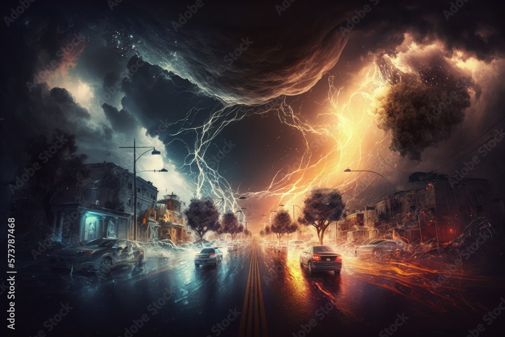 A city street full of cars is being destroyed by a tornado or typhoon, complete with lightning and a twister. urban natural disasters are caused by climate change. A Digital Painting. Generative AI