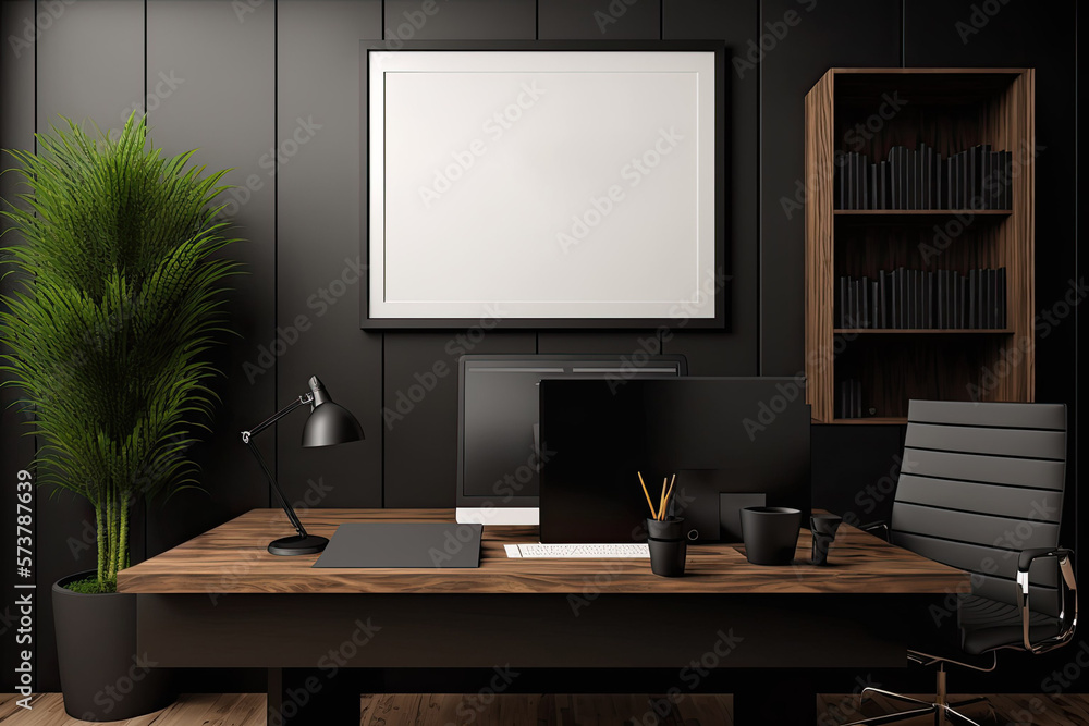 Wooden black office mockup with minimalist table, wooden seats, and computer desk featuring framed canvas mockup. There is no one in the manager's consulting room, which is furnished with contemporary
