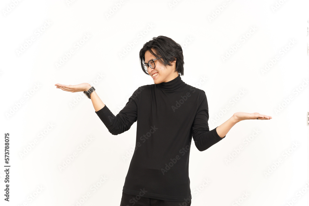 Showing two product on open palm Of Handsome Asian Man Isolated On White Background Showing two product on open palm Of Handsome Asian Man Isolated On White Background