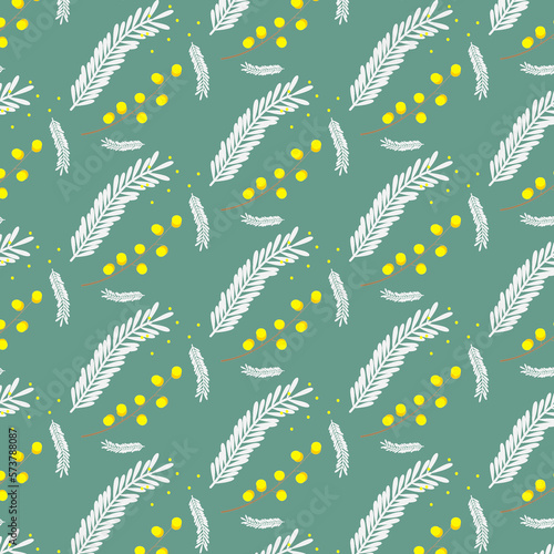 Mimosa pattern with white leaves on a light blue background. Suitable for fabrics, paper, packaging, and wallpaper. Vector illustration of a pattern in a flat style.