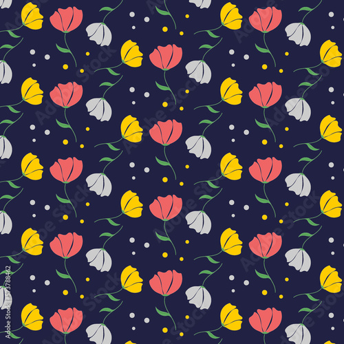Pattern yellow, red, and white poppy on a dark blue background. Suitable for fabrics, paper, packaging, and wallpaper. Vector illustration of a pattern in a flat style.