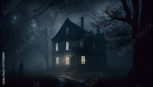 Haunted house in the woods, scary at night, Generative AI