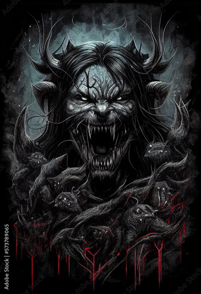 Screaming Werewolf Demon Illustration with Evil eyes. Detailed and complex work, generative ai.