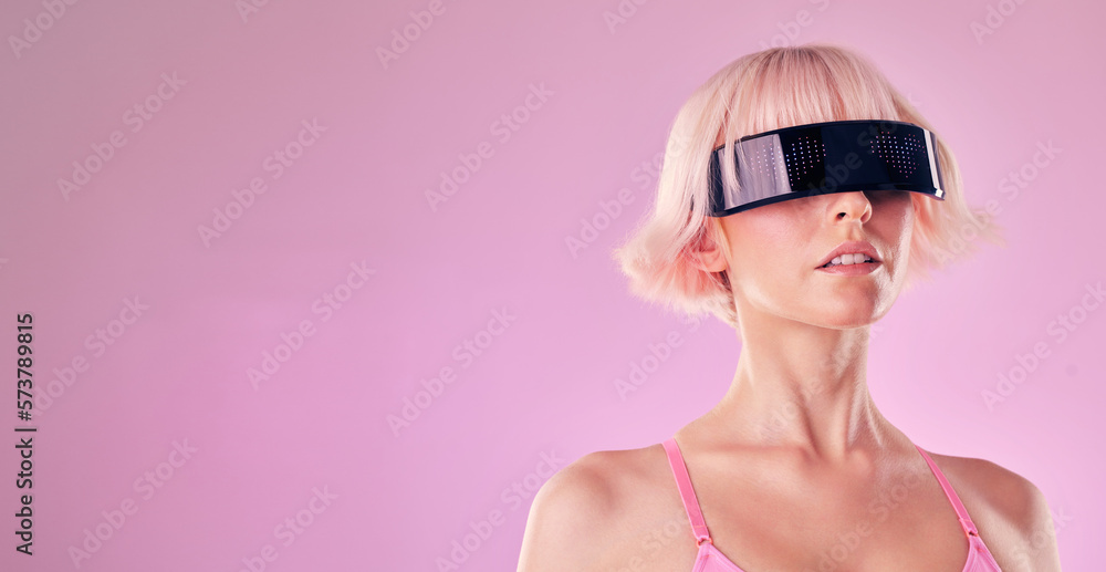Glasses, virtual reality and a woman in metaverse for mockup future scifi and 3d gaming technology. Model person on a pink background for cyberpunk and digital transformation for ai cyber world vr ux Glasses, virtual reality and a woman in metaverse for mockup future scifi and 3d gaming technology. Model person on a pink background for cyberpunk and digital transformation for ai cyber world vr ux