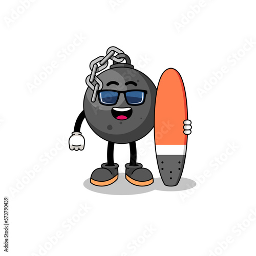 Mascot cartoon of wrecking ball as a surfer