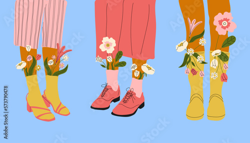 Set of three  Female legs in  boots. Cool footwear with flowers. High socks . Hand drawn vector colored trendy fashion illustration. Flat design