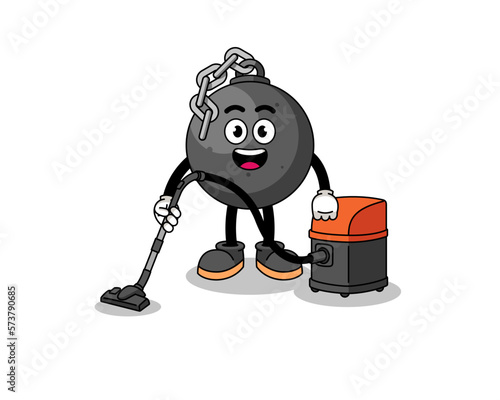 Character mascot of wrecking ball holding vacuum cleaner