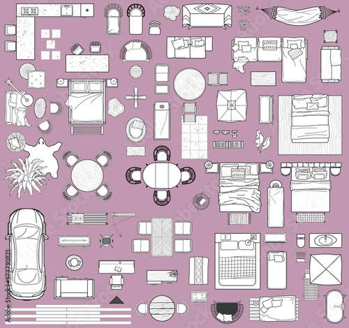 Floor plan icons set for design interior, architectural project (view from above). Furniture icon in top view for layouts of hotels, spas, recreation areas. Resort apartment collection. Vector