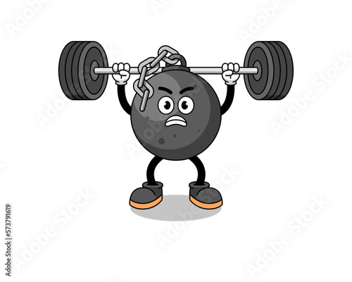 wrecking ball mascot cartoon lifting a barbell