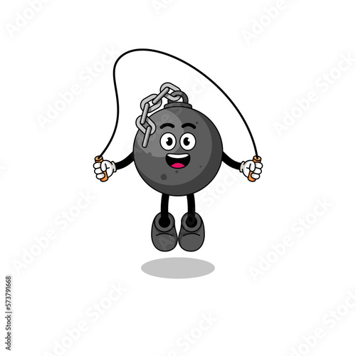 wrecking ball mascot cartoon is playing skipping rope