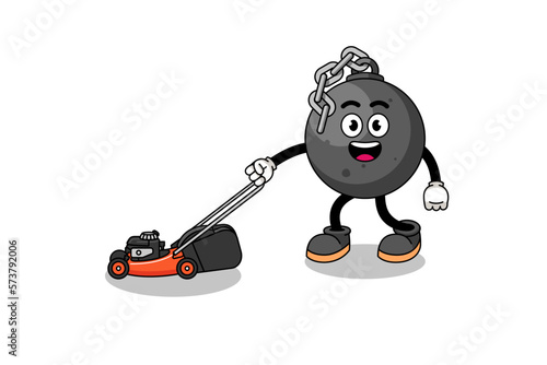wrecking ball illustration cartoon holding lawn mower