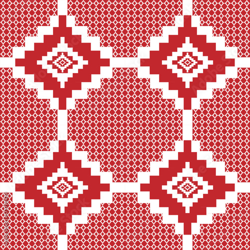 Seamless fabric geometric pattern in red on a white background.