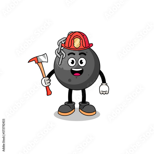 Cartoon mascot of wrecking ball firefighter