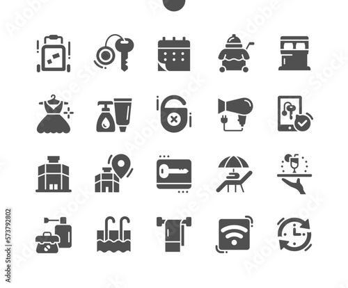 Hotel services. Ordering food, length of stay, room key. Hotel location. Swimming pool. Do not disturb. Booking and reservation. Vector Solid Icons. Simple Pictogram