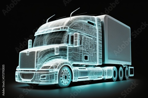 Self driving intelligent truck. Automated cars. The Autonomous vehicle is piloted by artificial intelligence. Model of car displayed as a hologram in the head up display. Hardware Vehicle Health Repor photo