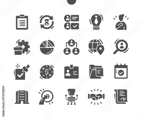 Business Essential. Planning and timing. Target audience search and purpose. Working process. Management and strategy. Vector Solid Icons. Simple Pictogram