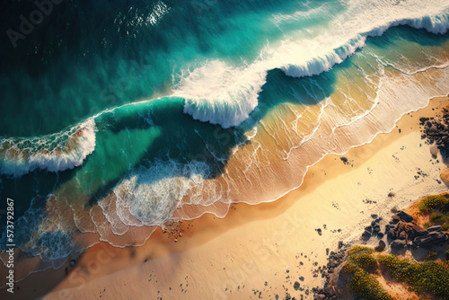 top view from drone photo of beautiful pink beach with relaxing sunlight  sea water waves pounding the sand at the shore. Calmness and refreshing beach scenery.  Created Using Generative AI 