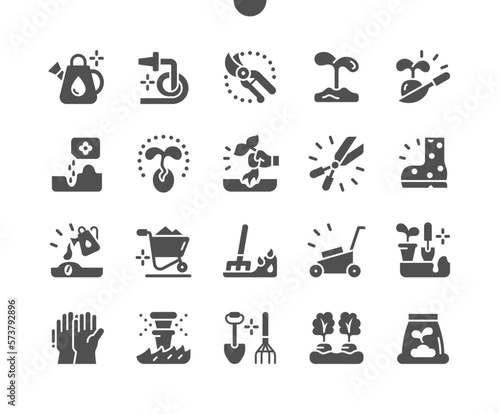 Gardening. Automatic watering. Sowing seeds. Sprout, fertilizer, sprinkler and watering. Vector Solid Icons. Simple Pictogram