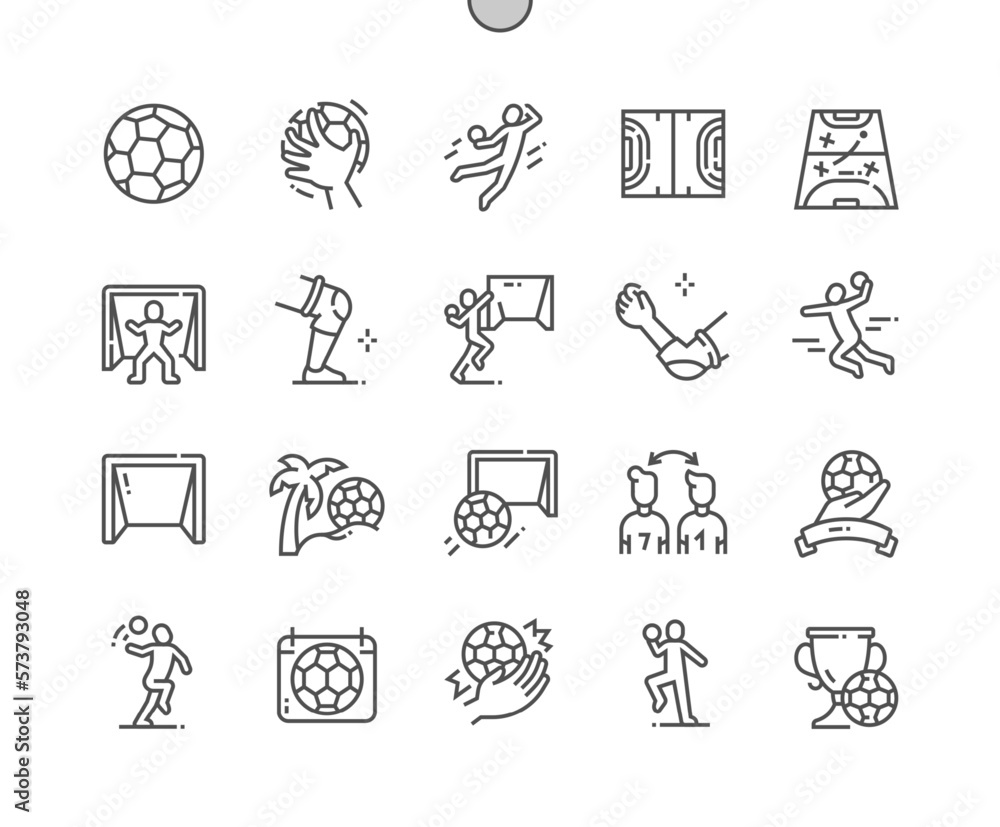 Fototapeta premium Handball. Elbow and knee support, goalkeeper, player replacement. Beach handball. Sport. Pixel Perfect Vector Thin Line Icons. Simple Minimal Pictogram