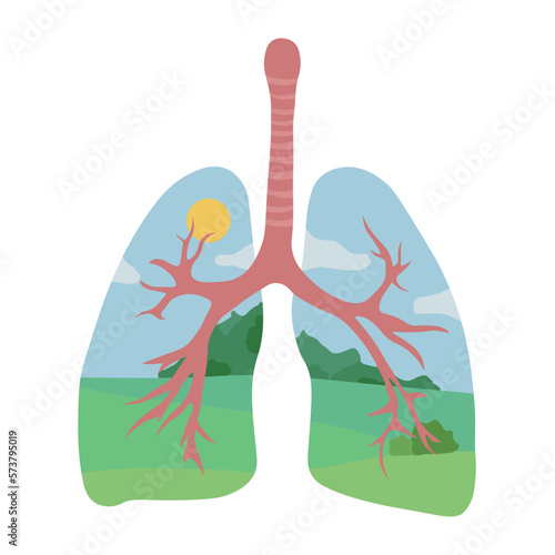 Drawn human lungs with beautiful landscape on white background